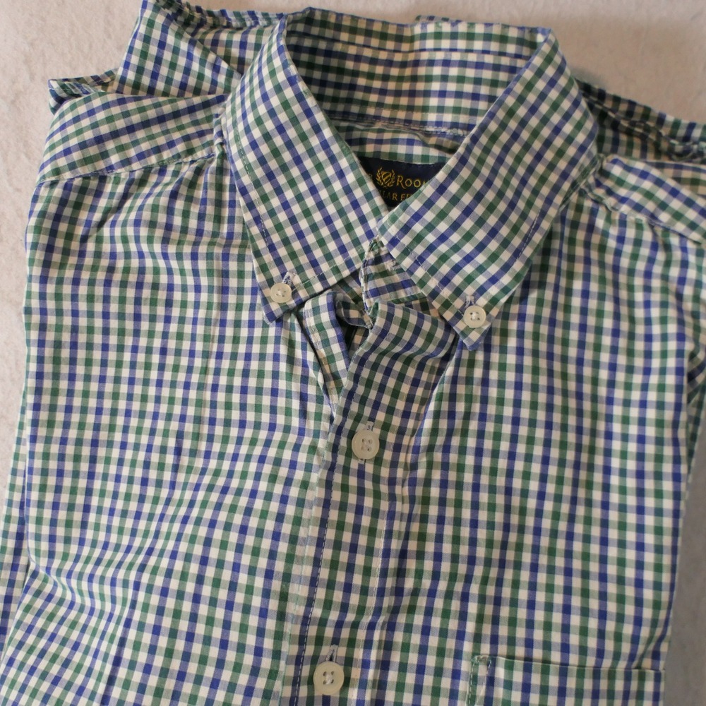 Club Room Mens Shirt 15 32/33 Green Blue Gingham Preppy Academic Computer Geek